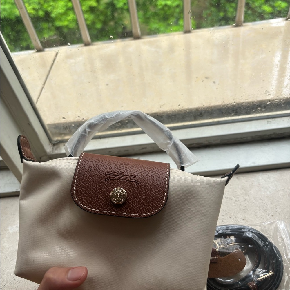 Longchamp Cream Mini Crossbody with Brown Leather Flap